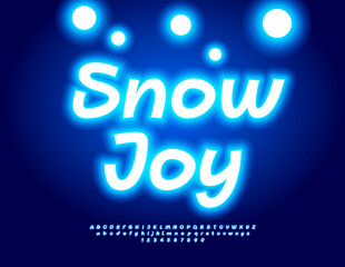 Vector Happy poster Snow Joy with Glowing Blue Alphabet Letters and Numbers set. Illuminated Artistic Font