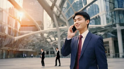 confident asian businessman in formal suit talking on smartphone, modern city skyscrapers in the background - Powered by Adobe