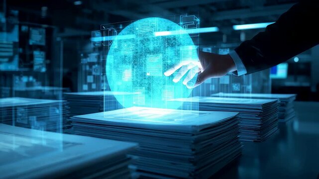 Businessman interacting with glowing digital hologram above stack of documents in modern office showing innovation and data technology