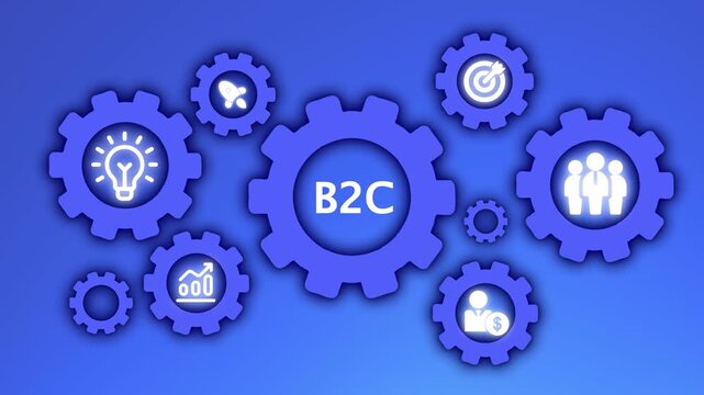 Business to Consumer B2 C concept with interconnected gears and icons on blue gradient background cogwheels