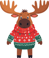 Fototapeta premium A charming cartoon moose wearing a festive red sweater with snowflakes and a cozy scarf.