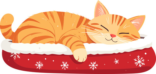 An adorable orange tabby kitten is peacefully sleeping in a festive red and white snowflake-patterned cat bed.