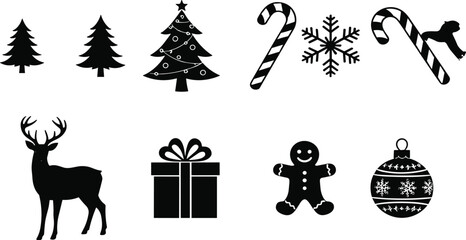 Christmas icons, black silhouette, festive symbols, holiday vector, winter elements, reindeer, gift box, snowflake, ornament, candy cane, tree