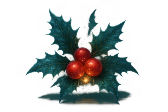 Holly sprig with bright red berries creating a festive winter decoration, transparent background