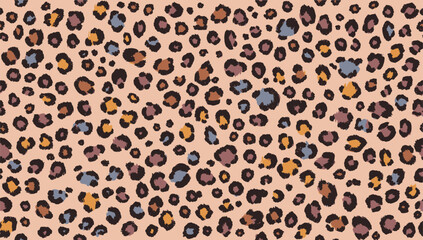 Trendy leopard print pattern with hand-drawn brush texture in orange, brown, yellow, black, and blue on a beige background. Perfect for fashion, textile, and stylish designs. © Bediha Duru Öksüz