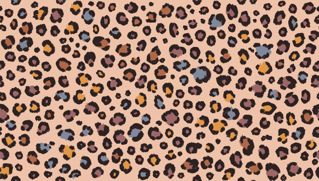 Trendy leopard print pattern with hand-drawn brush texture in orange, brown, yellow, black, and blue on a beige background. Perfect for fashion, textile, and stylish designs.