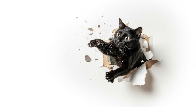 A cat busting or breaking through a wall on a solid white background, animal photo