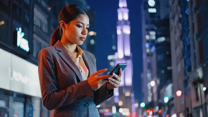 confident businesswoman holding smartphone at night in a futuristic city, surrounded by glowing neon lights and digital billboards - Powered by Adobe