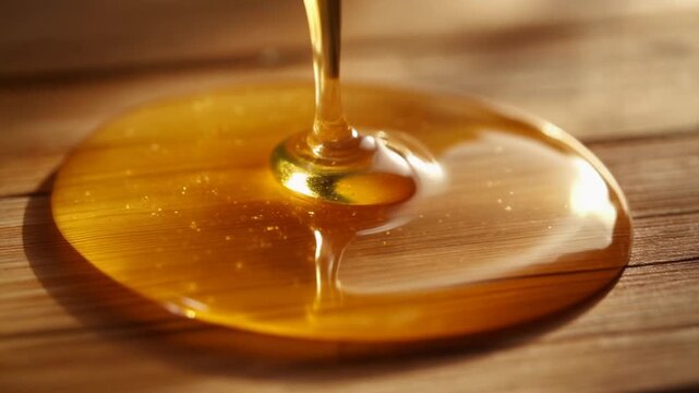 A close-up macro shot of golden honey being poured, forming a glistening pool on a rustic wooden table