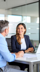 portrait of a Female executive speaking to colleague working at office corporate meeting. Vertical