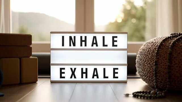 Inhale exhale lightbox with yoga mat, blocks, and meditation beads in a bright room