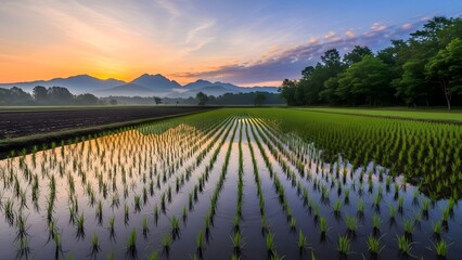 Tranquil Morning Sunrise over Young Rice Paddy Field with Mountain Backdropul (Presentasi) - 2