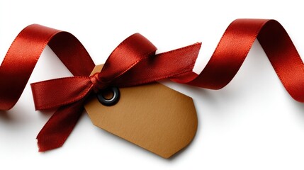 A blank round tag featuring a bright red ribbon is placed on a flat surface, ideal for personalizing gifts or decorations