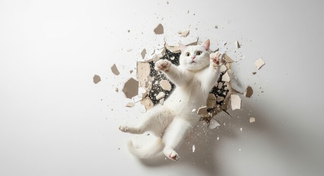 A cat busting or breaking through a wall on a solid white background, animal photo