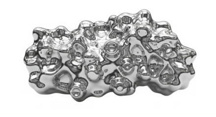 Abstract metallic organic shape with intricate textures and reflective surfaces isolated on transparent background