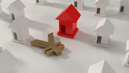 A striking red house icon stands elevated among numerous white house icons, with a prominent golden Japanese Yen sign in the foreground, all arranged on a clean white surface.