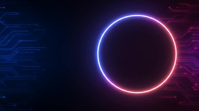 Abstract neon ring with circuit board elements on dark blue background