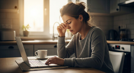 woman sitting at kitchen table, looking stressed while working on laptop