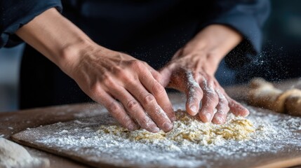 Hands work to knead dough on a floured wood surface, showing the process of preparing to bake fresh bread or pastries