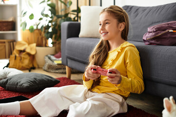 Girl enjoying a gaming session in her cozy living room with casual attire