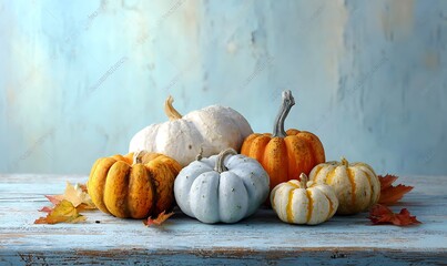 Autumn's Rustic Harvest: A charming autumn still life. Vivid orange, white and yellow pumpkins are artfully arranged atop a textured, pale blue weathered wooden surface.