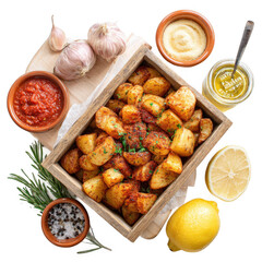 patatas bravas, original Spanish food, served in a beautiful serving box along with several other ingredients [Transparent Background PNG]