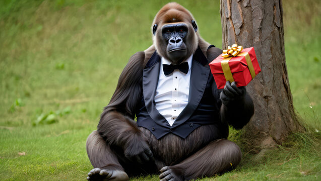 A Dapper Gorilla in a Tuxedo Presents a Gift A charming scene of a gorilla dressed in formal wear, holding a wrapped present, sitting outdoors on green grass. - Powered by Adobe