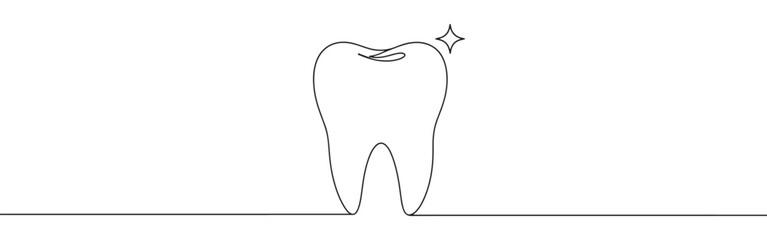 Continuous one line drawing of a sparkling, healthy tooth, symbolizing dental health, hygiene, and bright smiles.	