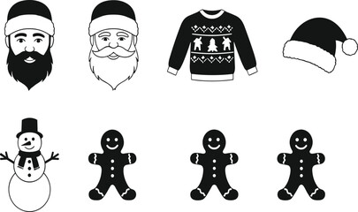 Christmas icons, Santa faces, festive sweater, gingerbread man, snowman, holiday symbols, black and white vector, seasonal design, winter elements