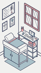 Isometric orthopedic consultation room with desk and medical equipment  