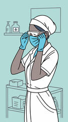 Nurse putting on protective goggles and preparing for work in clinic  