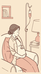Pregnant woman sitting at home with IV drip and smiling gently  