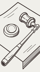 Judicial gavel and sound block on open book in monochrome style  