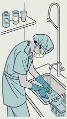 Surgeon washing hands in clean sink while preparing for operation  