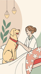 Woman interacting with therapy dog in a cozy indoor setting  