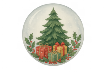 Christmas snow globe with pine tree, gifts and festive holly berries, creating a joyful holiday season scene