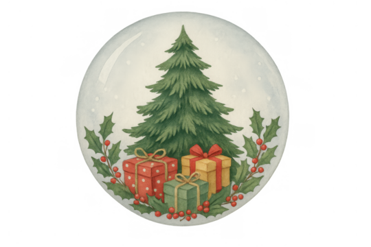 Christmas snow globe with pine tree, gifts and festive holly berries, creating a joyful holiday season scene