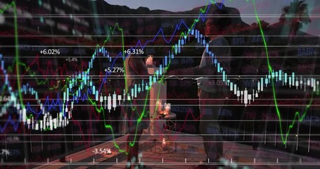 Finance chart converging at rooftop terrace candle table guiding man and woman dancing romantically