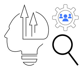 Silhouette of a head with upward arrows symbolizing growth and ideas, magnifying glass for analysis, and gear with human figures for teamwork. Ideal for strategy, innovation, creativity, leadership