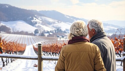 A senior couple views a snowy vineyard with distant mountains. They stand outdoors, bundled in jackets