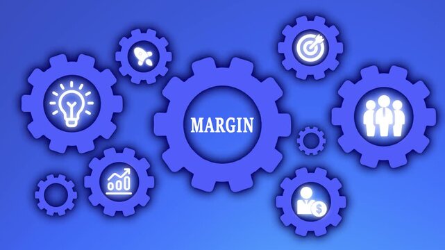 Blue Gears with Business Icons and the Word MARGIN in the Center margin profit