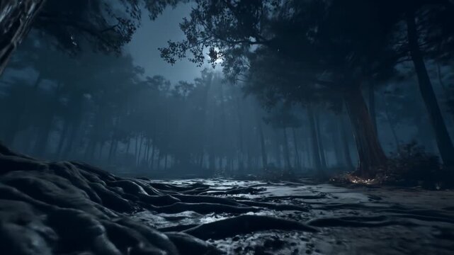 Mysterious forest at night atmospheric trees and moonlit scene