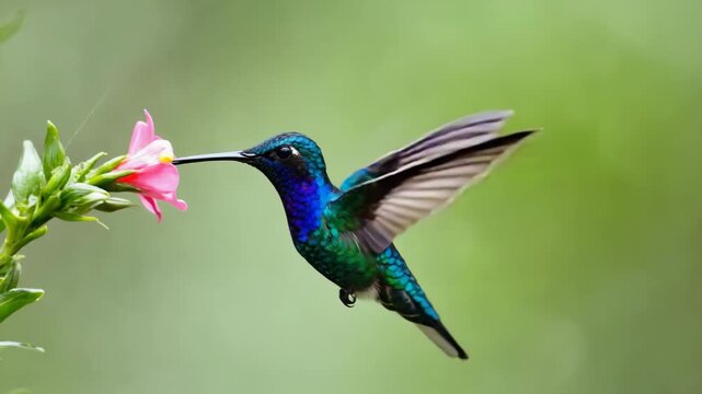 Hummingbird feeds on flower during sunny day in a garden