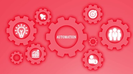 Red Gears with Icons Representing Automation and Business Processes on a Gradient Background cogwheels - Powered by Adobe
