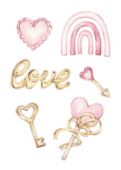 Watercolor set for Valentine's Day. Hand-drawn illustrations of a pink rainbow, a key with a heart, Cupid's arrow, the inscription "Love," and a heart lollipop. Festive design for Valentine's Day.