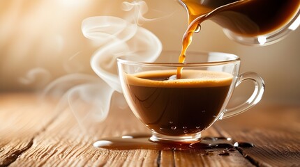 Artisan Coffee Pouring into Glass Cup with Steam