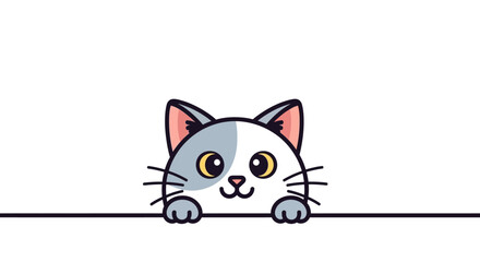 Fototapeta premium A charming and cute cartoon cat with paws up, peeking curiously from behind a line on a white background. Simple vector animal illustration for design