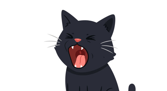 Illustration of a black cat yawning with its mouth wide open, showing its tongue and teeth, on a white background