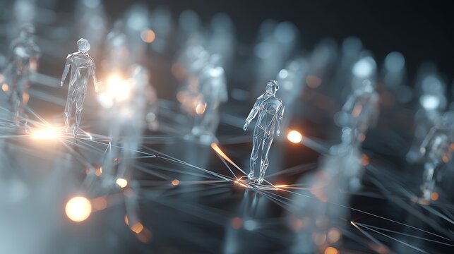 Leadership Influence Micro-Metrics Visualization Mapping Employee Performance Across Teams Floating 3D Holographic Nodes Representing Leaders And Teams, Glowing Interconnections, Cinematic Lighti