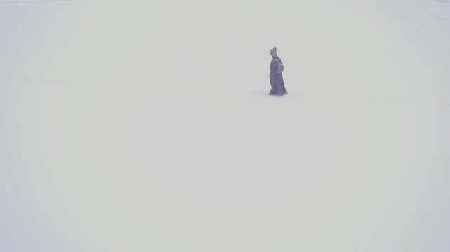 Snow-covered Chinese roof detail and a man walking, D-Log footage